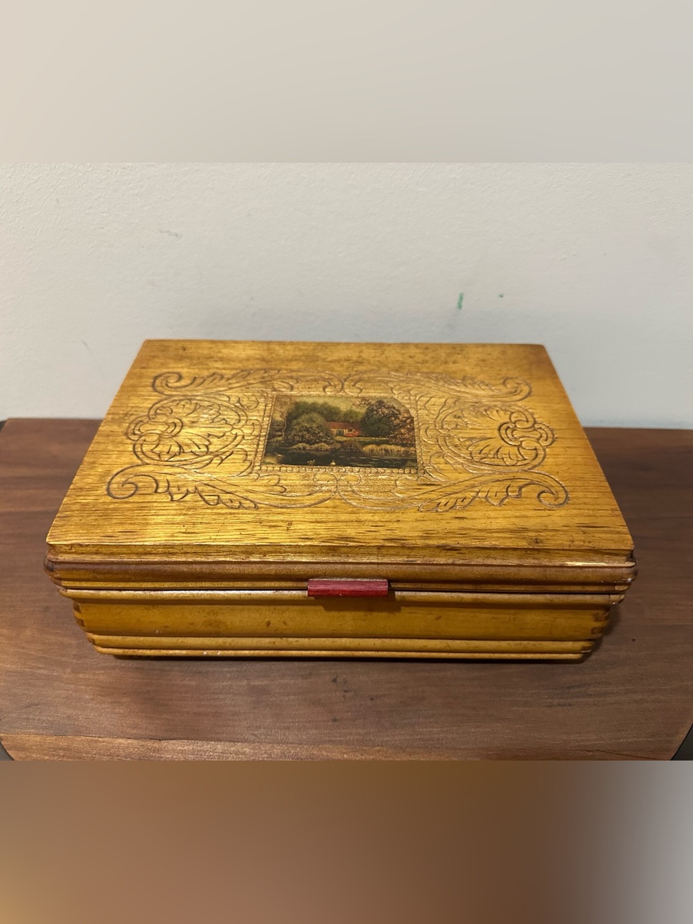 Vintage Ornate Wood Decorative Box with Scenic picture